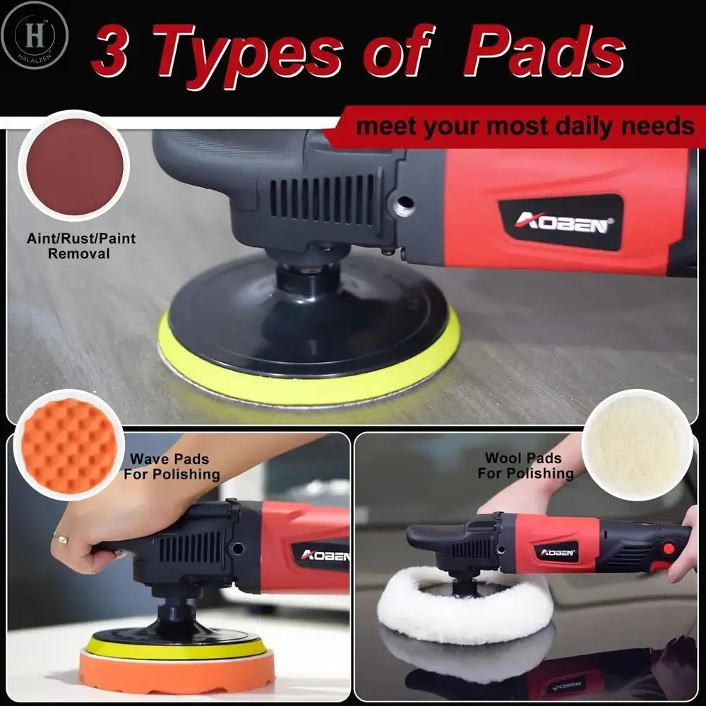 1200W 6-inch/7-inch Car Polisher Waxer Kit with 6 Variable Speeds 1000-3500RPM & 4 Polishing Pads HALALZEN