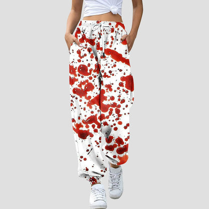 Women Halloween Blood Print Pants Bottom Sweatpants Drawstring Pockets High Waist Sporty Gym Athletic Fit Jogger Pants Trousers