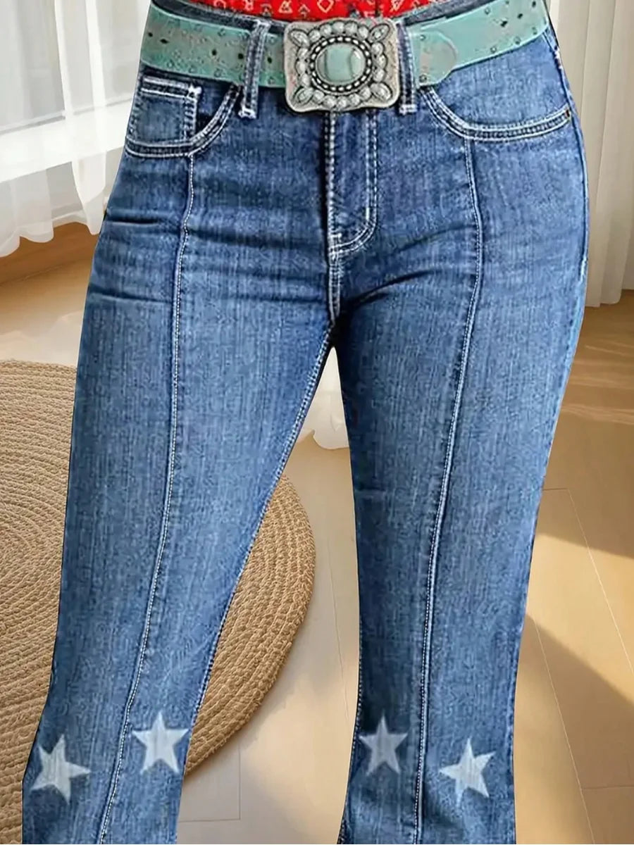 【HME】Women's high-waisted jeans, blue striped women's printed flared pants, buttoned star-printed jeans, fitted flared jeans