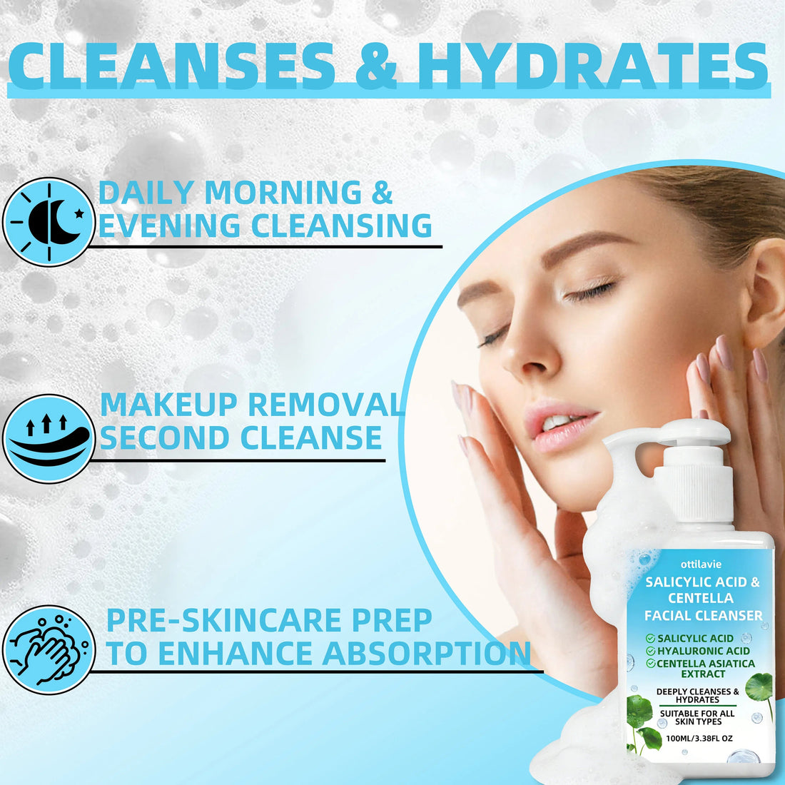 Ottilavie Salicylic Acid & Centella Face Wash: Gentle Exfoliating Cleanser for Deep Pore Care & Hydration, Daily Use, 100ml Halalzen