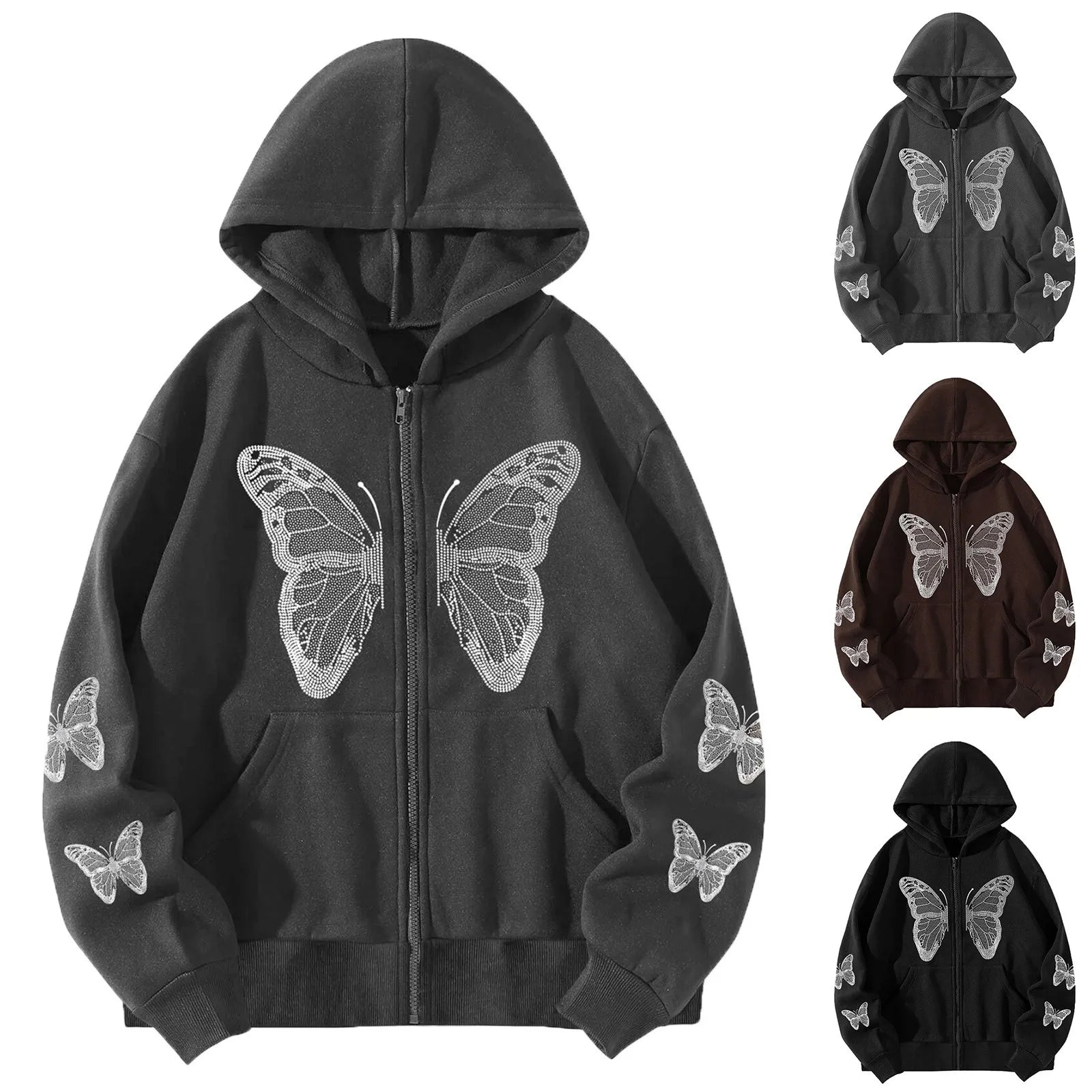 New Streetwear Autumn Butterfly Printed Zip Up Hoodie Women Harajuku Y2k Jackets Cardigan Gothic Punk Clothes Sweatshirts