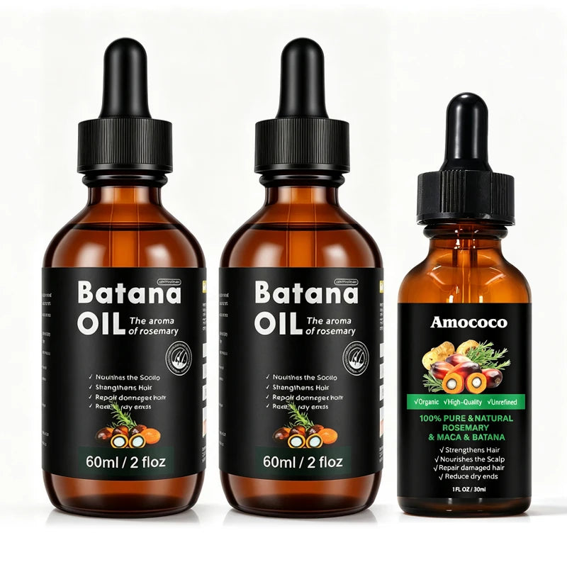 Amococo Batana Oil with Rosemary Hair Scalp Nourishing Oil Natural Hair Strengthening Serum for Dry Ends Frizz Control 60ml X 2 + 30ml X 1