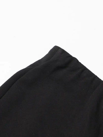 Women’s Trendy High Waist Patchwork Pants Black Bodycon Shorts Top with Blue Jean Bell Bottom Overlay and Punk-Inspired