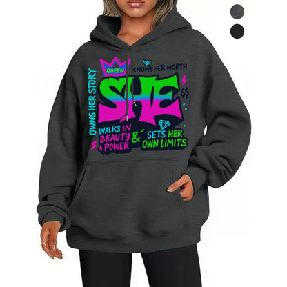 She motivational Women’s Loose Fit Black Gray Hoodies Soft Cotton for Fall/Winter Halloween Thanksgiving Comfort
