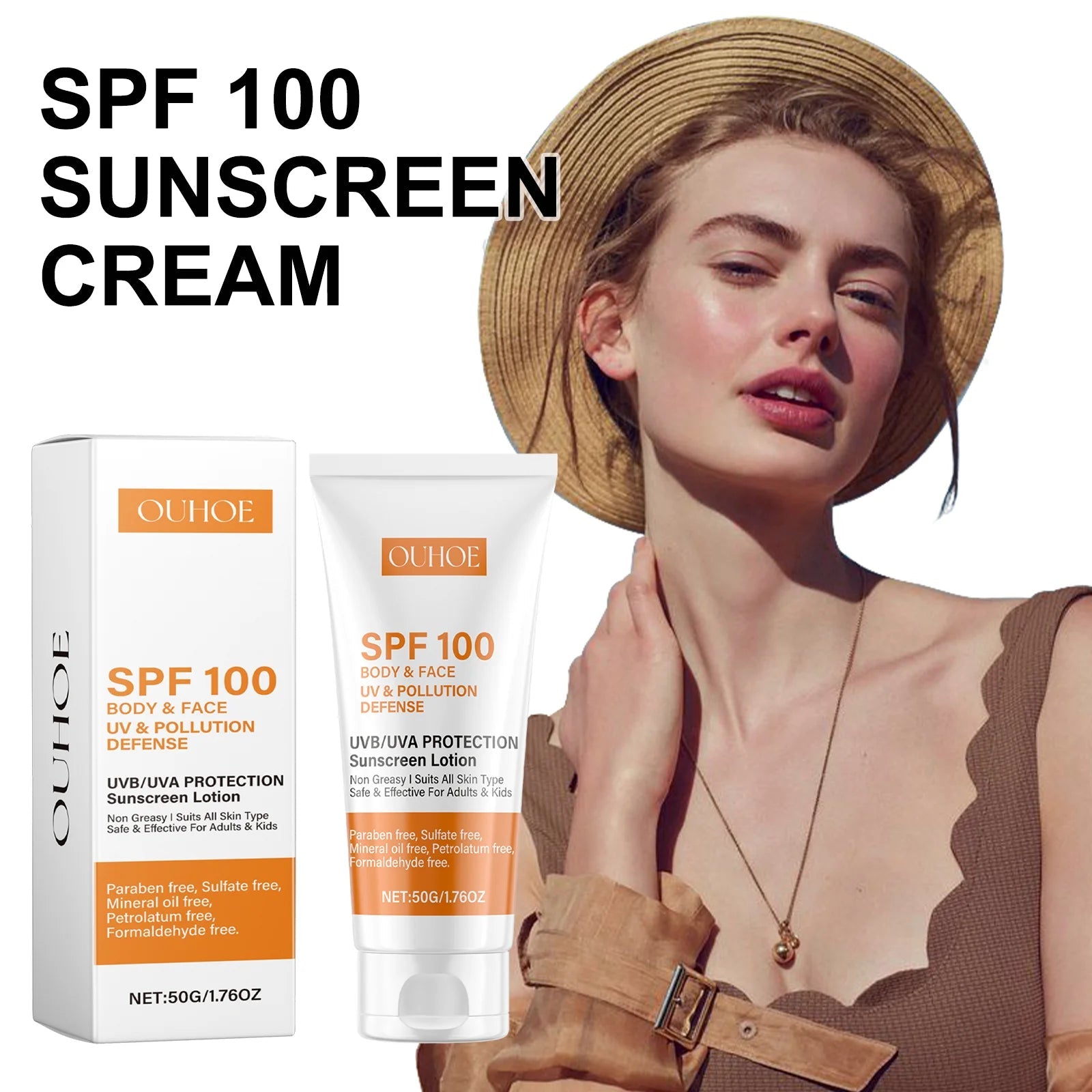 Ouhoe Body and Face Sunscreen Cream SPF 100 Protection UVA UVB Blocker Non Greasy Daily Defense for Summer Outdoor Beach Use 50g Halalzen