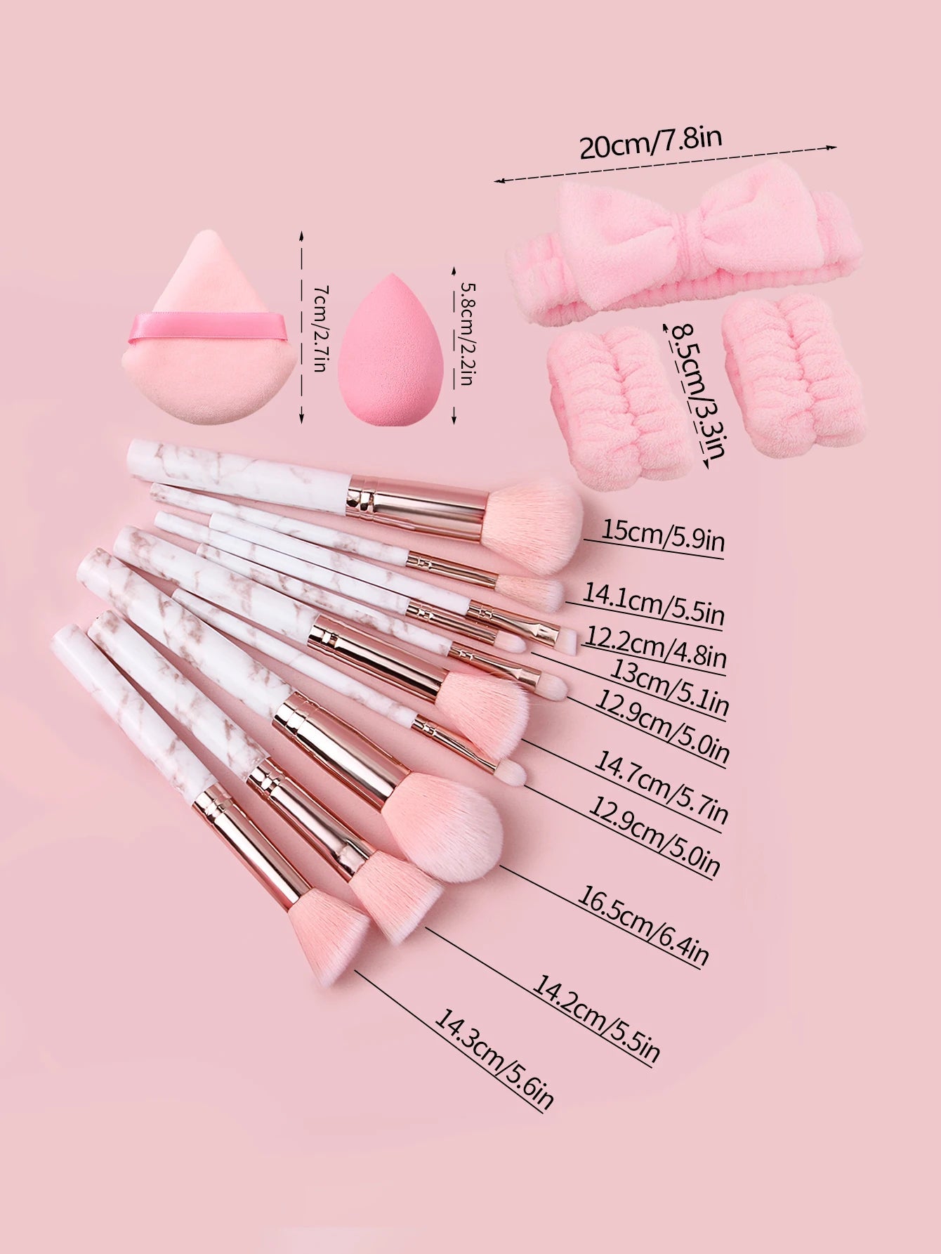 17PCS Pink makeup brush set, multi-functional facial brush + soft hair band wrist strap + fine sponge egg triangular powder puff Halalzen