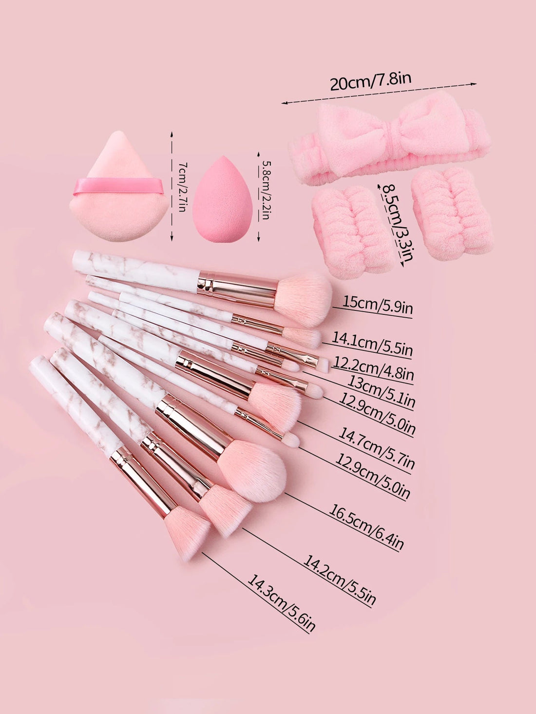 17PCS Pink makeup brush set, multi-functional facial brush + soft hair band wrist strap + fine sponge egg triangular powder puff Halalzen