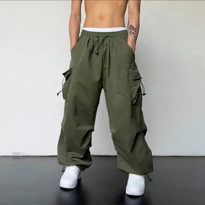 2024 Summer New Quick Drying Work Pants Men's American Parachute Pants High Waist Wide Leg Casual Sports Long Pants