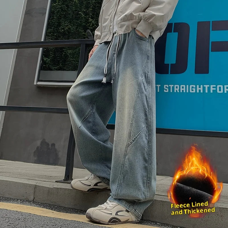 New Men's Fleece-Lined Wide-Leg Jeans Winter Vintage Washed Elastic Drawstring Waist Denim Trousers Men 8XL Loose Fit Jean Pants HALALZEN