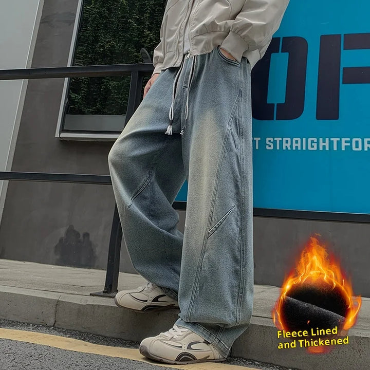 Neue Herren-Jeans mit Fleecefutter, weitem Bein, Vintage-Waschung, elastischer Bund mit Kordelzug, Größe 8XL, lockere Passform