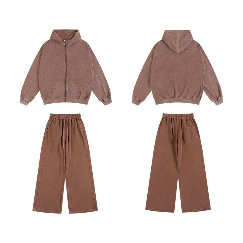 Washed and aged sweatshirt, loose hoodie for young couples, round-neck jacket, zip-up sweatshirt, men's suit set