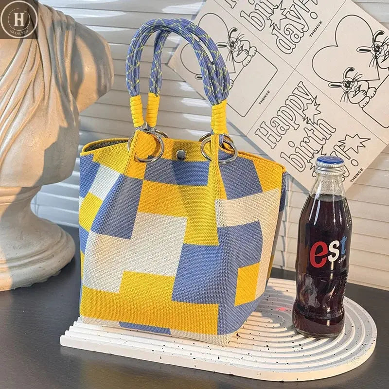 Metal Ring Handbag Fashionable Women'S Bucket Bag Knit Tote Bag Spacious Color Block Handbag For Leisure Travel Daily Commuting HALALZEN
