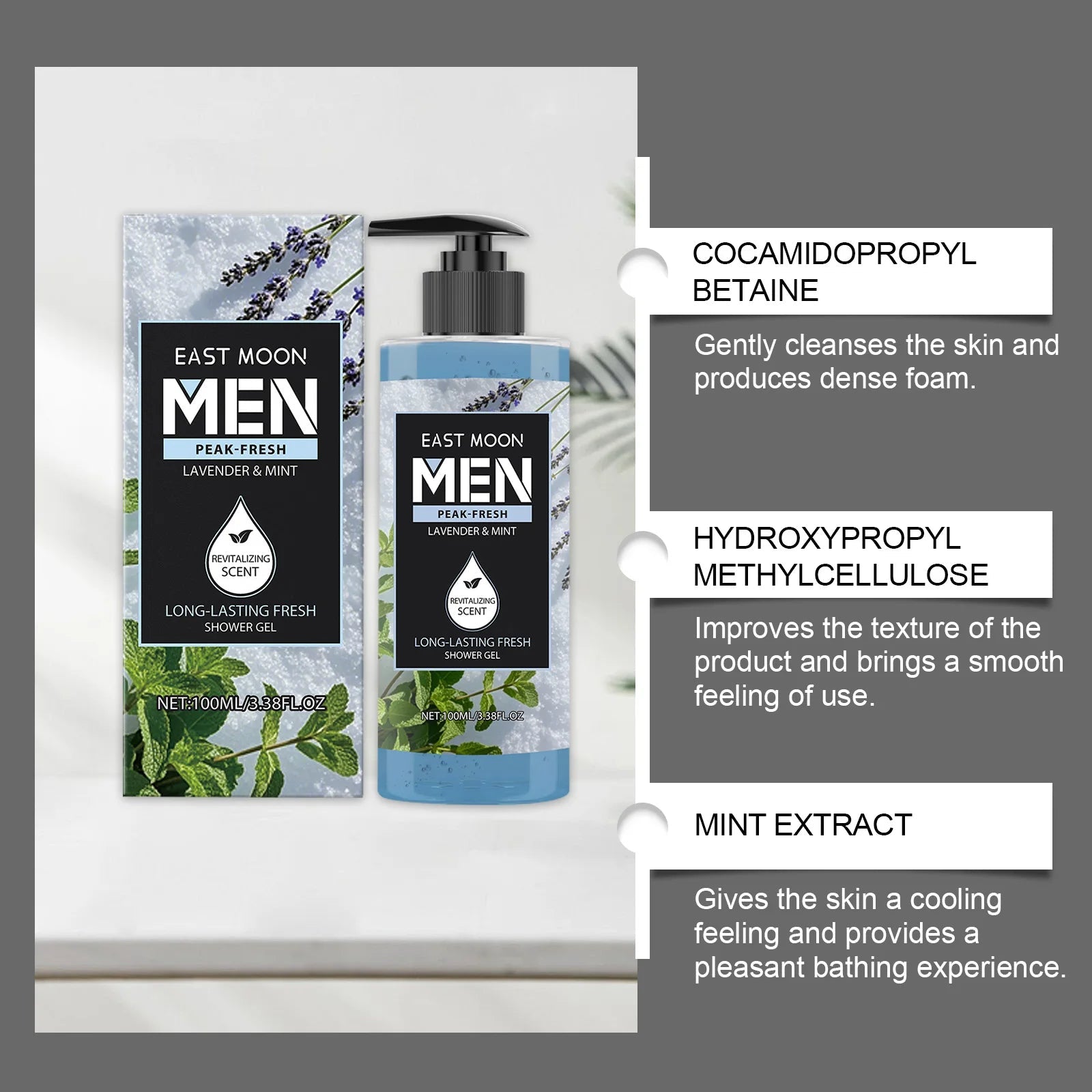East Moon Peppermint & Lavender Fragranced Body Wash: Dual Botanical Scents, Coolness, Soothing, Long-Lasting Fragrance 100ml Halalzen