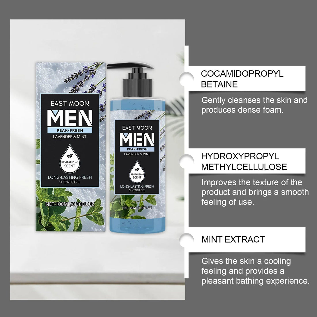 East Moon Peppermint & Lavender Fragranced Body Wash: Dual Botanical Scents, Coolness, Soothing, Long-Lasting Fragrance 100ml Halalzen