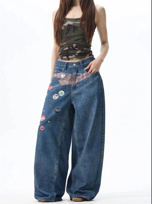 Women's Y2K Vintage Baggy Wide Leg Jeans With Colorful Badges & Printed Belt Streetwear Denim Trousers