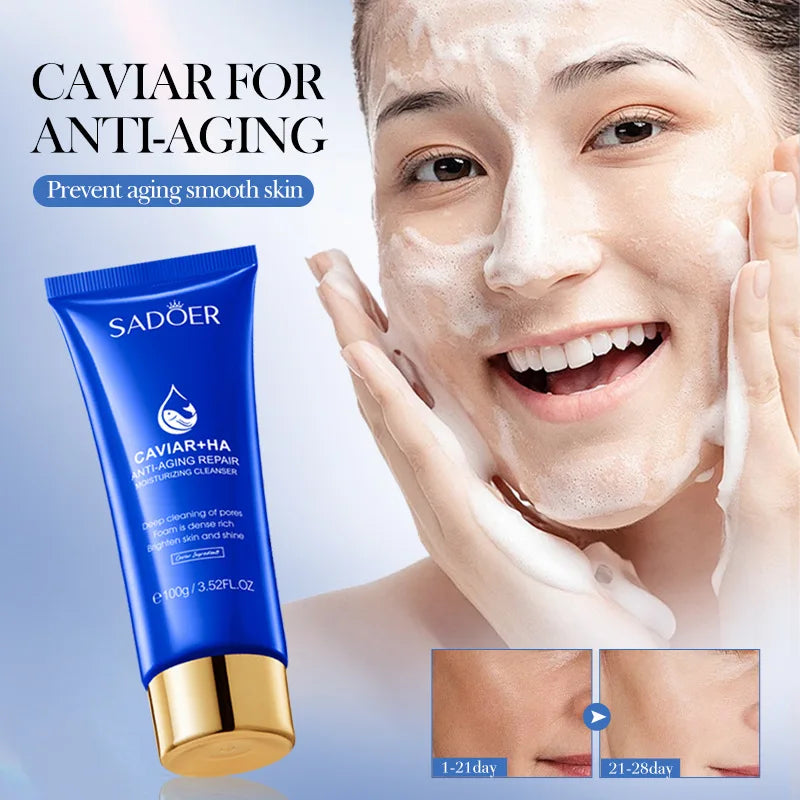 SADOER Caviar Facial Cleanser Face Wash Foam Face Cleanser Deep Cleansing Whitening Anti Wrinkle Moisturizing Skin Care Halalzen