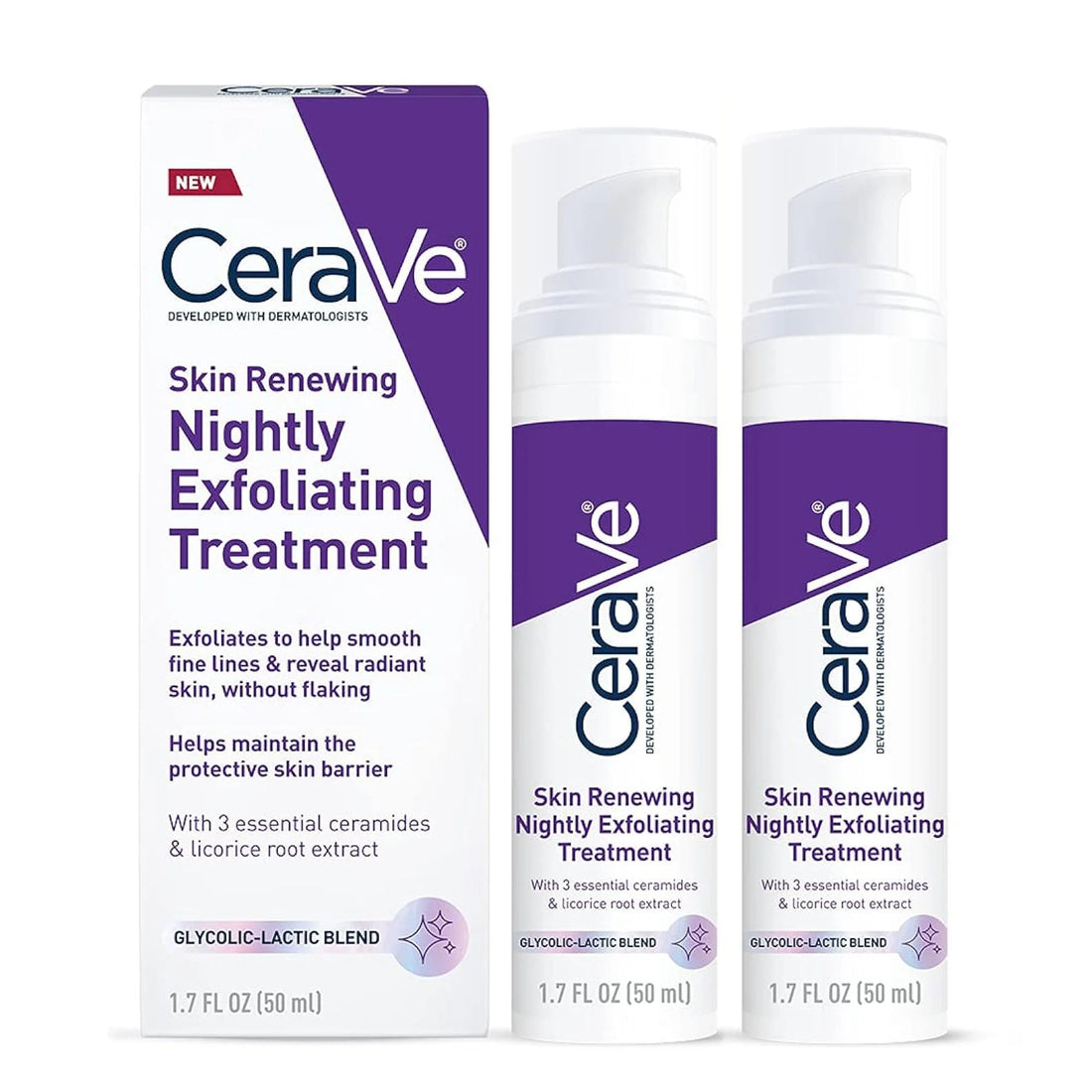 CeraVe Skin Renewing Nightly Exfoliating Treatment 50ml Glycolic Lactic Acid Serum with Ceramides for Radiant Smooth Skin Halalzen