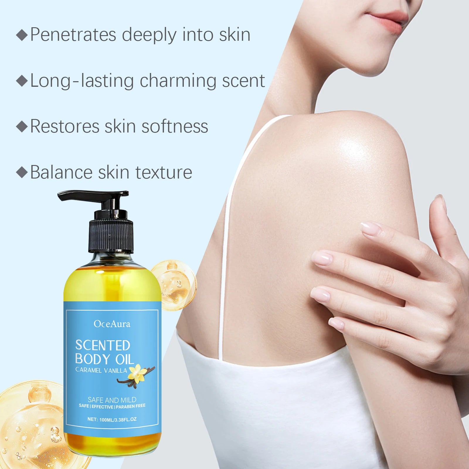 Caramel Vanilla Body Massage Oil Moisturizing Nourishing Smoothing Skin Care Relieve Stress Muscle Relaxing Body SPA Oils