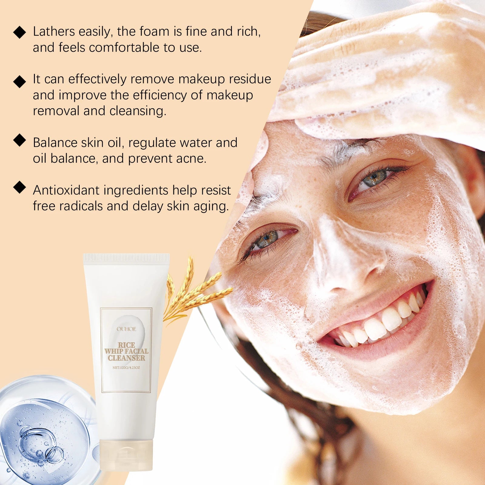 Rice Milk Cleansing Foam 120g Gentle Facial Wash Deep Cleanse Rice Extract Hydrating Non Drying Rich Lather for Soft Bright Skin Halalzen