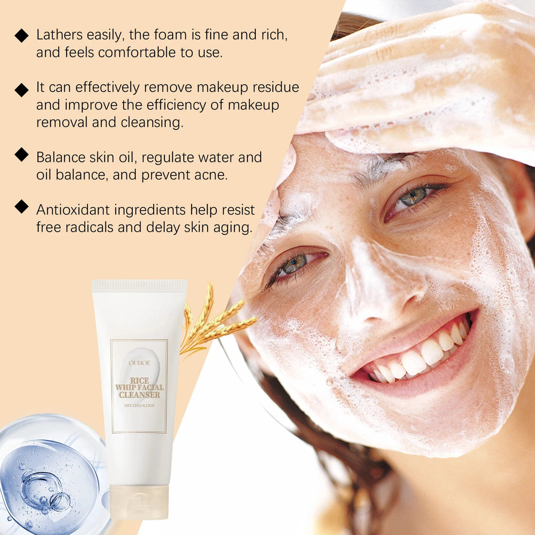 Rice Milk Cleansing Foam 120g Gentle Facial Wash Deep Cleanse Rice Extract Hydrating Non Drying Rich Lather for Soft Bright Skin Halalzen