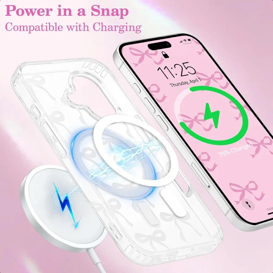 UEEBAI Magnetic for iPhone 16 Case Bow Case Compatible with MagSafe Wirel Slim Clear Ribbon Aesthetic Phone Cover AntiYellowing