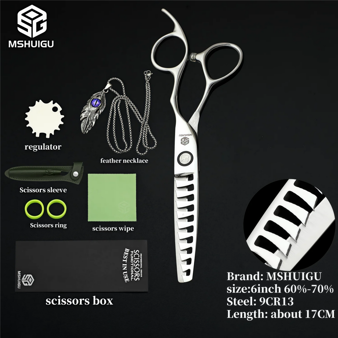 MSHUIGU 440C Professional Barber Scissors 6-7 Inch Laser Wire Serrated Blade Multi-Functional Thinning Hair Shears for Salon Too