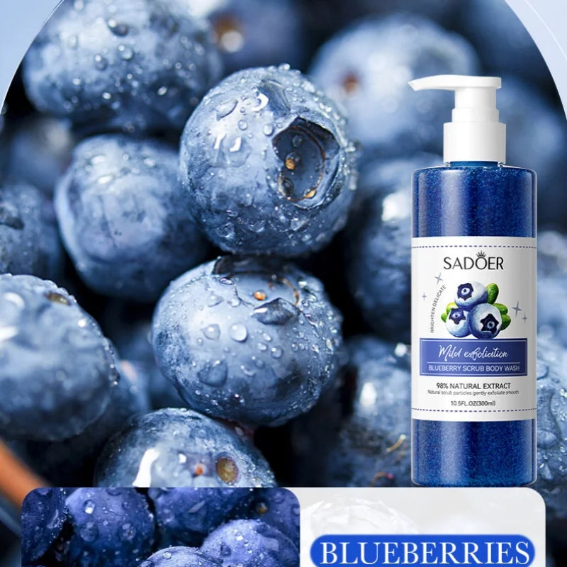 300ml Blueberry Exfoliating Shower Gel Contains Blueberry Extract, Fine Exfoliating Particles Deeply Cleanse Skin Dirt, Improve Rough Skin, Brighten Skin Tone, Make Skin Clean and Silky, and Emit a Pleasant Fragrance Halalzen