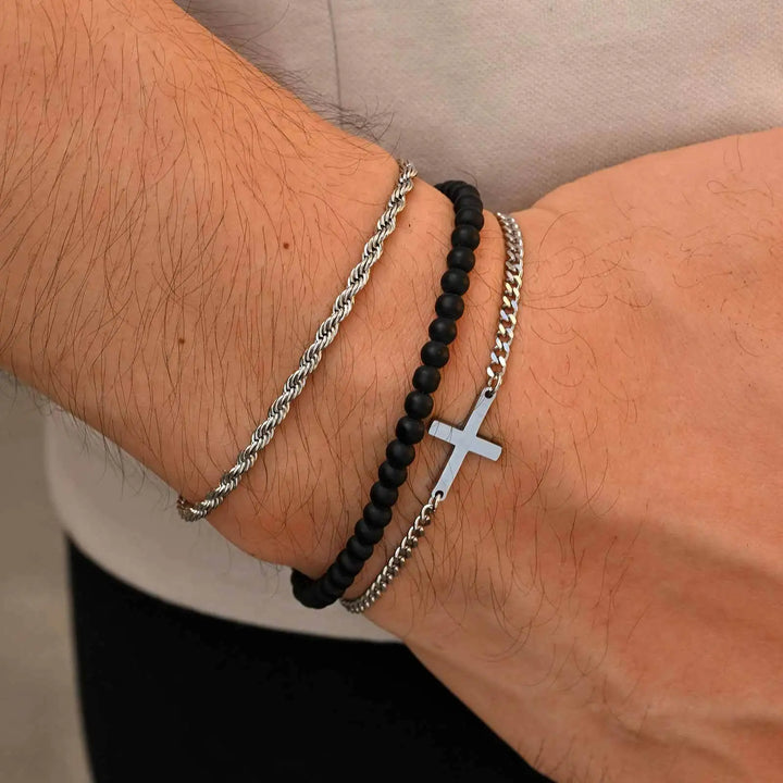 Pulsera masculina elegante de 3 piezas con cruz, pulsera de eslabones apilados de acero inoxidable estilo punk, regalo de cumpleaños o aniversario para él