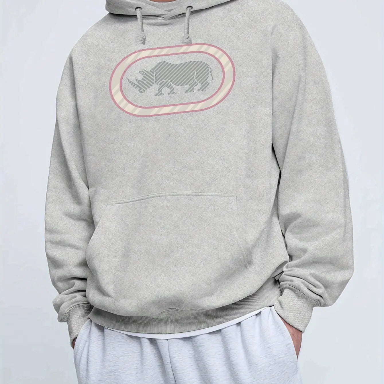 Men'S Casual Rhino Print Hoodie, Winter Long Sleeve Sweatshirt, Regular Fit with Slight Stretch, Trendy American Style Top