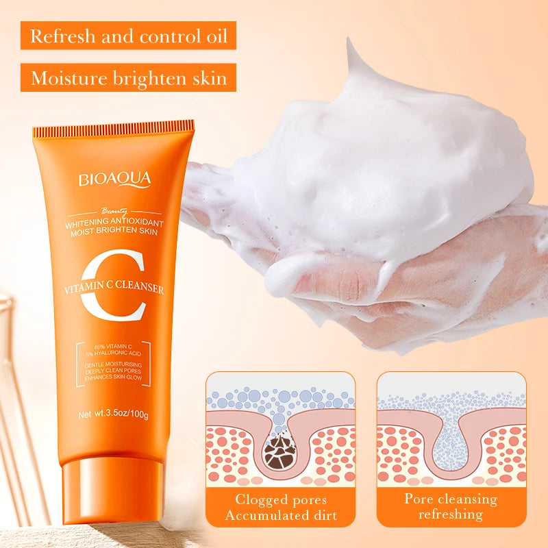 BIOAQUA Vitamin C Facial Cleanser Moisturizing Whitening Anti Wrinkles Face Wash Foam Face Cleanser Facial Skin Care Products Halalzen
