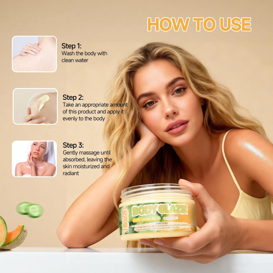 8oz 2oz Body Glaze Melon Moisturizes, Protects, and Repairs the Skin brighten and smooth the look of uneven complexion
