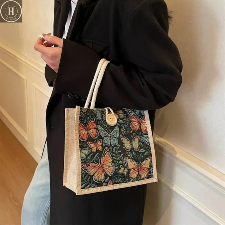 Fashion Linen Small Handbag Butterfly Printed Canvas Bag Party Gift Packing Bag Women Small Tote Bags Portable Shopping Bag HALALZEN