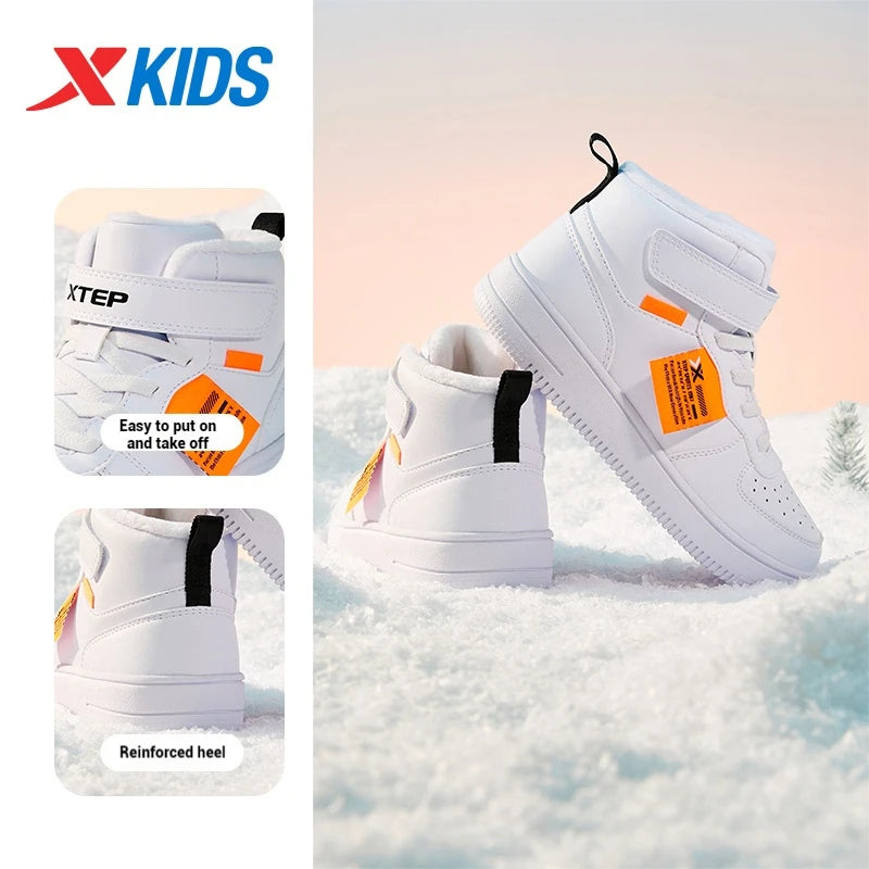 Xtep Kid's Skateboarding Shoes 2024 Winter Unisex Warm Cotton High-top Velcro Stitching Color Fashion Casual Shoes 676416379380