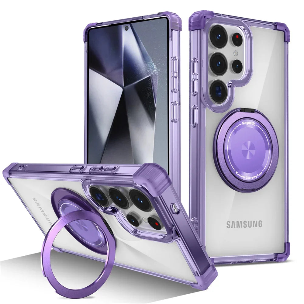 Rotating Magnetic Folding Stand Transparent Phone Case for Samsung S25 S24 S23 Plus FE Note 20 S21 Ultra Armor Shockproof Cover