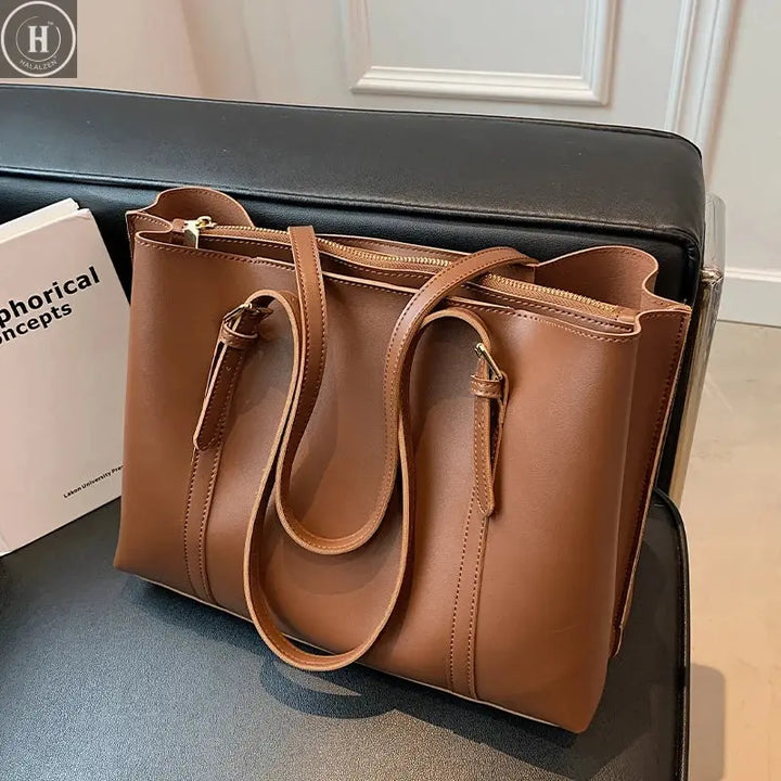 High Capacity PU Tote Bag 2023 New Women's Vintage Zipper Magnetic Snap Shoulder Bags Fashion Versatile Commuter Class Handbag HALALZEN