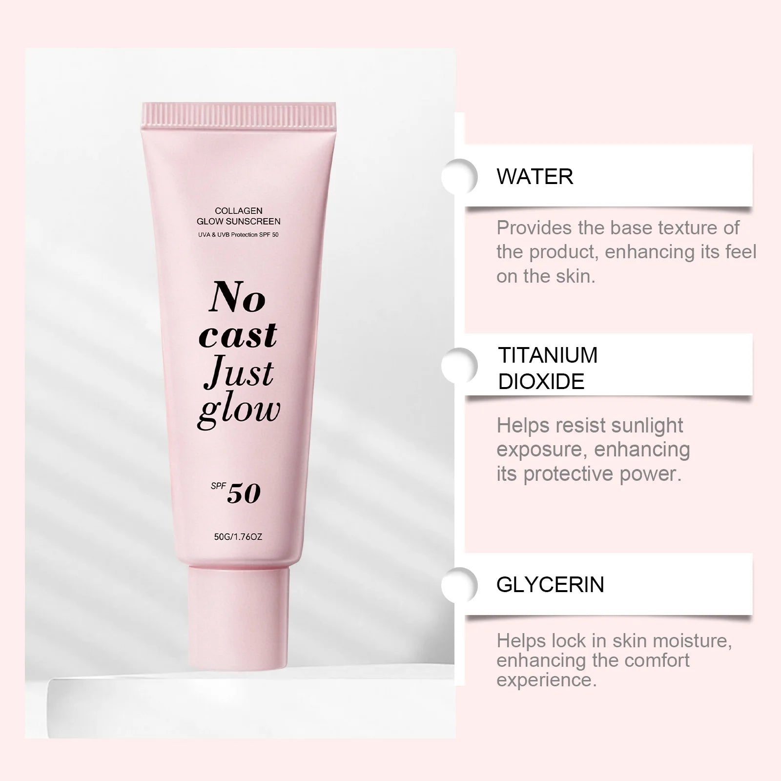 Collagen Glow Sunscreen SPF50 Broad Spectrum UVA UVB Protection No White Cast Lightweight Non Greasy Hydrating Sun Lotion For Se