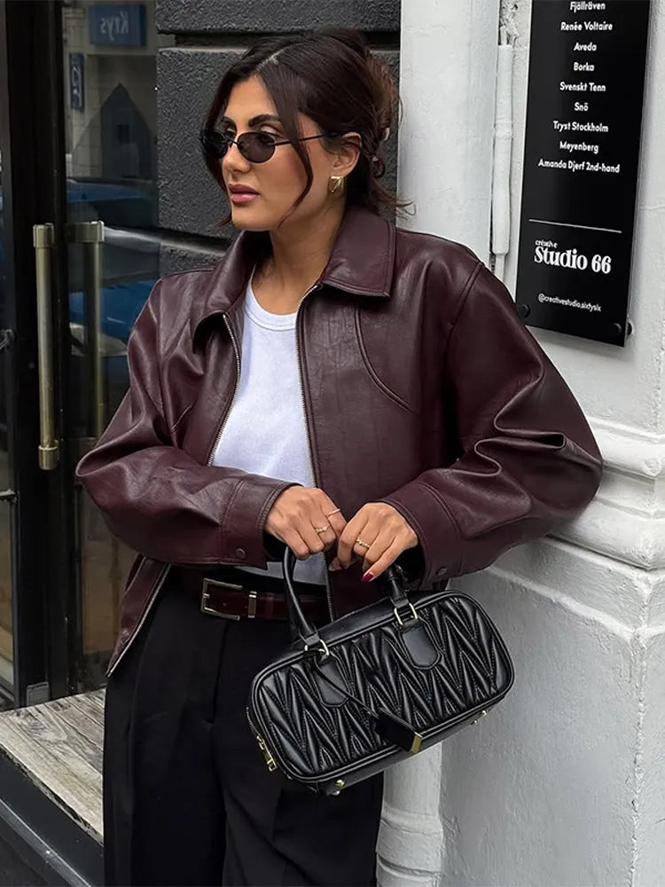 Ladies' burgundy PU leather short jacket fashionable autumn lapel jacket zipper high street loose leather jacket