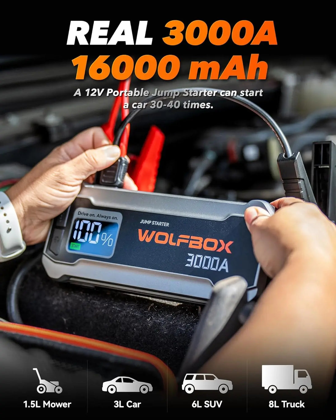 WOLFBOX 3000Amp Car Jump Starter Booster Battery Jumper Power Bank Fast Charger