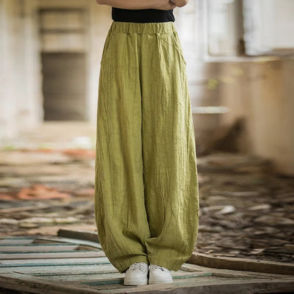 Elegant Women's Cotton Linen Baggy Cargo Pants Vintage Elastic Waist Yoga Trousers Loose Casual Long Wide Leg Oversize Clothes