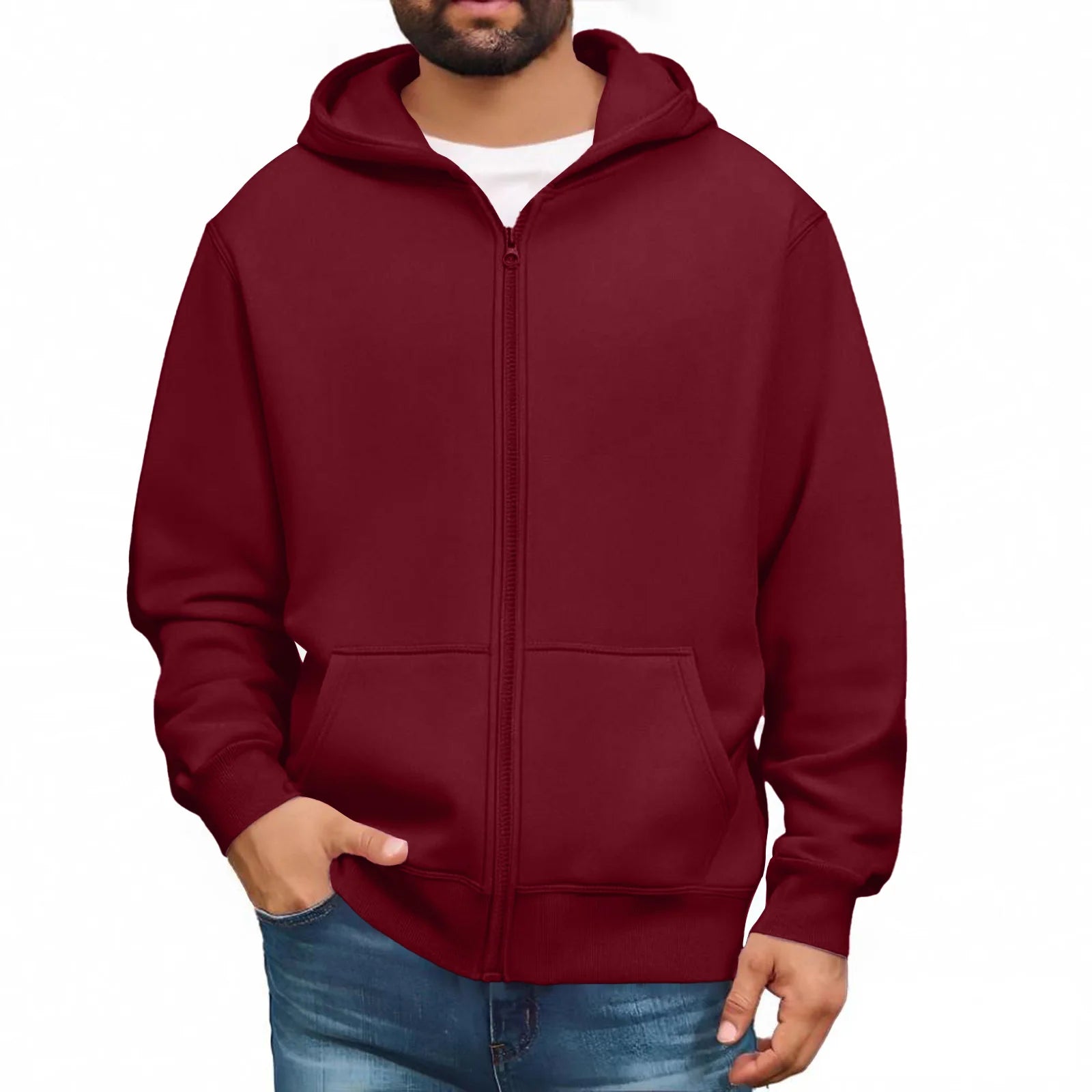 Men zip up hoodie plain color casual streetwear pullover jacket soft cozy fashionable urban youth winter hooded sweatshirt