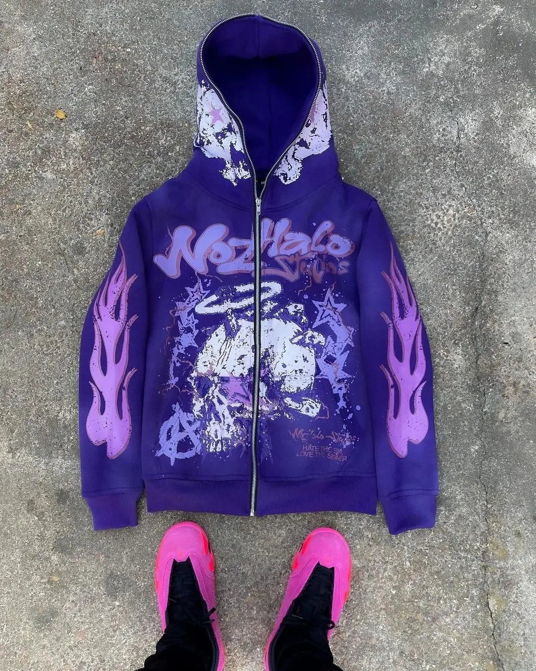 American retro Harajuku street dark hip-hop high street cartoon print zipper hoodie loose hoodie street trendsetters loose trend HALALZEN