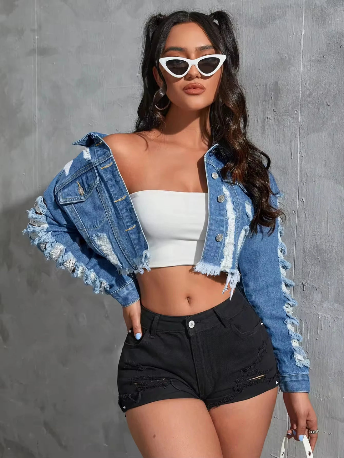 Blue casual ripped denim jacket long sleeves lapel flared denim jacket loose pockets tassel design loose denim top four seasons