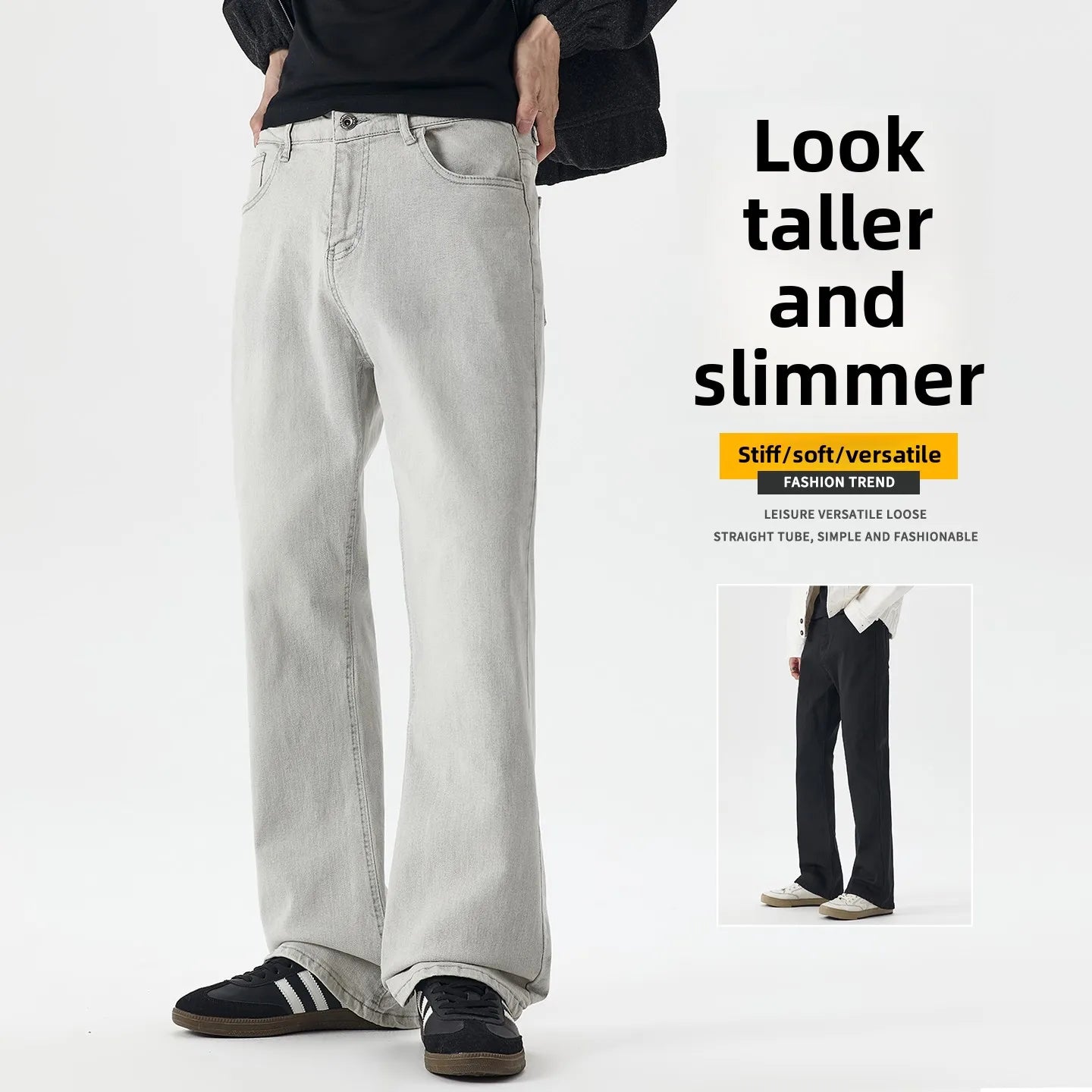 N-style Retro Korean Version of High Street Micro Horn Loose Slimming Tie-in Straight Black Autumn and Winter Jeans Man