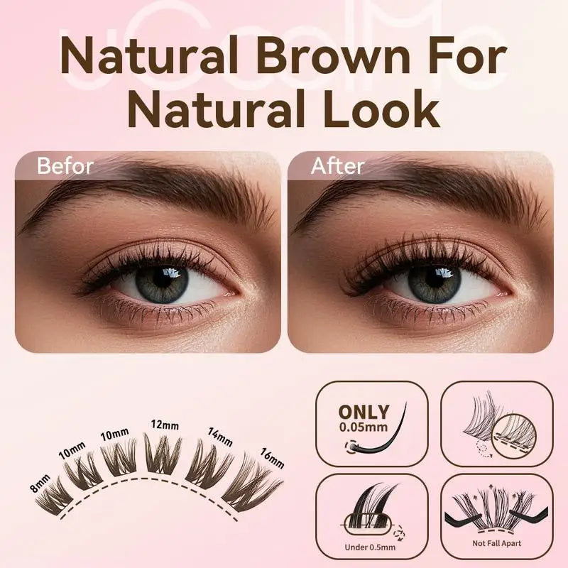 uCoolMe Lashes Brown Flora Long-lasting Waterproof Wispy Clusters Kit with Bond and Seal Remover Beginner Friendly Makeup Tool