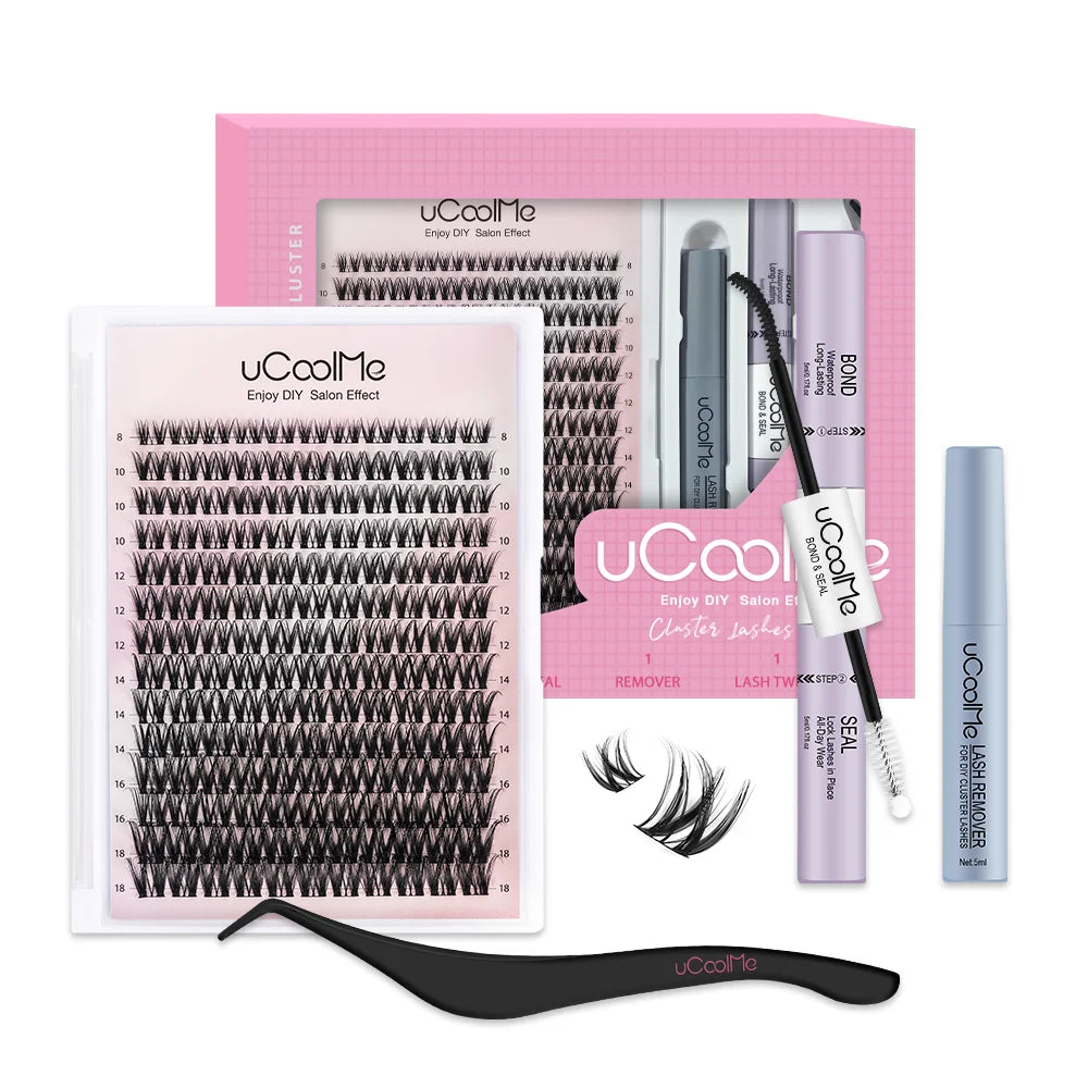 uCoolMe Lashes Flora Wispy and Spiky Clusters Kit with Bond and Seal Remover Long-lasting Waterproof Home DIY Eyelash Extension