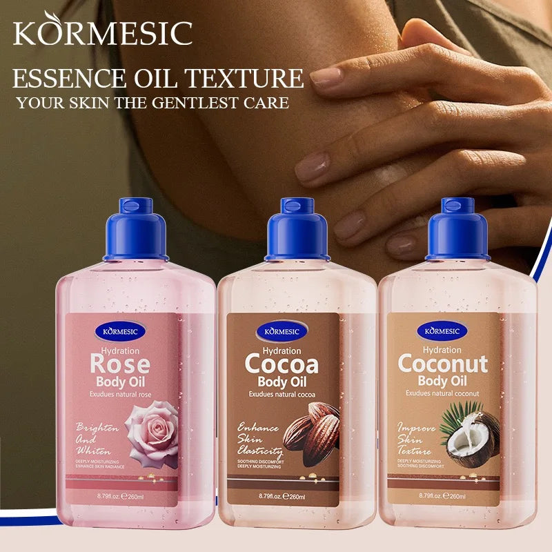 KORMESIC Body Oil 260ml Rose/Cocoa/Coconut Hydrating Brighten Skin Texture Soothe Discomfort Essential Oil