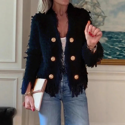 Casual Long Sleeve Plush Outercoat Autumn Winter Elegant Solid Color Cardigan Coat 2025 Women Fashion V-neck Tassel Short Jacket