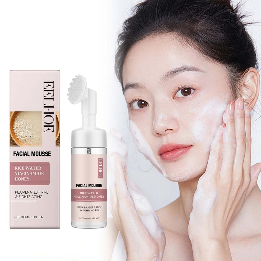 Rice Water Cleansing Mousse Oil Control Deep Cleaning Pores Moisturizing Brightening Soothing Rejuvenation Foam Face Wash Care Halalzen