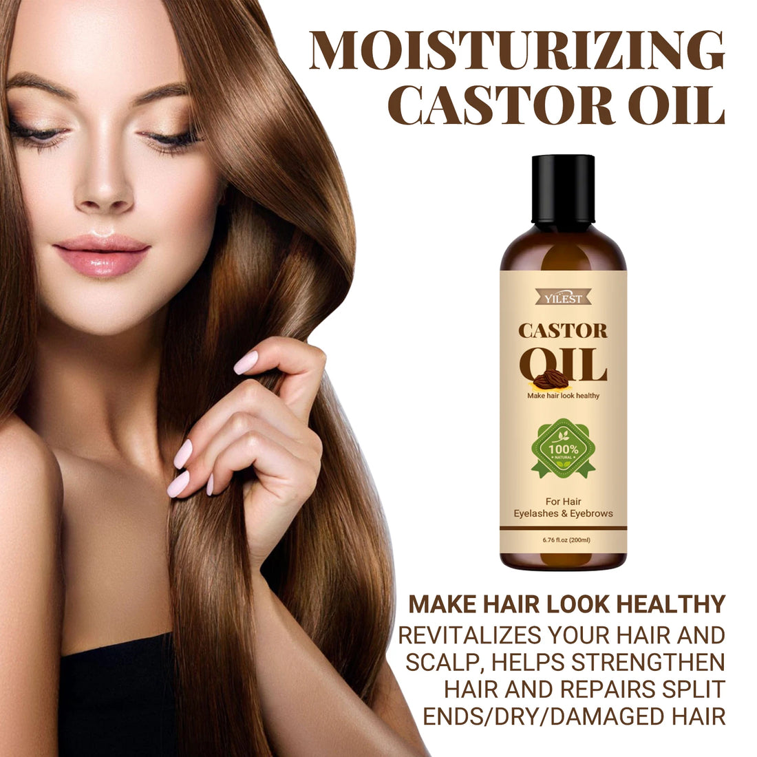 100% Pure Castor Oil 200ml - For Hair Growth, Eyelashes & Eyebrows, Moisturizing Treatment to Strengthen & Repair Split Ends