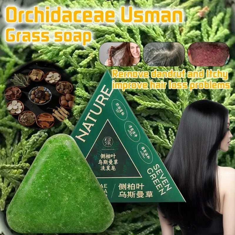 120g Seven Green Platycladi Usman Grass Handmade Shampoo Soap Refreshing and Flushing Healthy Anti-Removal Hair Nourishing Clean